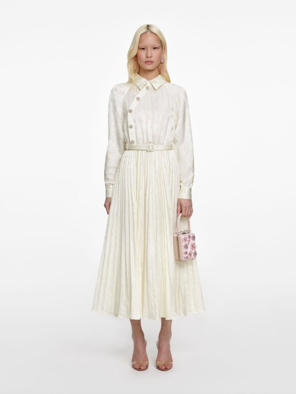 Self Portrait Cream Satin Jacquard Midi Dress